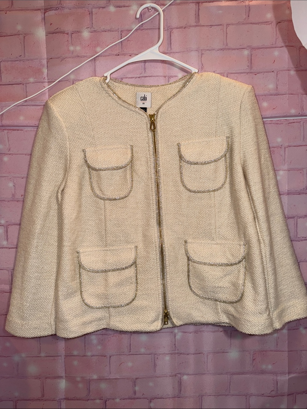 CAbi Cream Zip-Front Textured Pocket Jacket